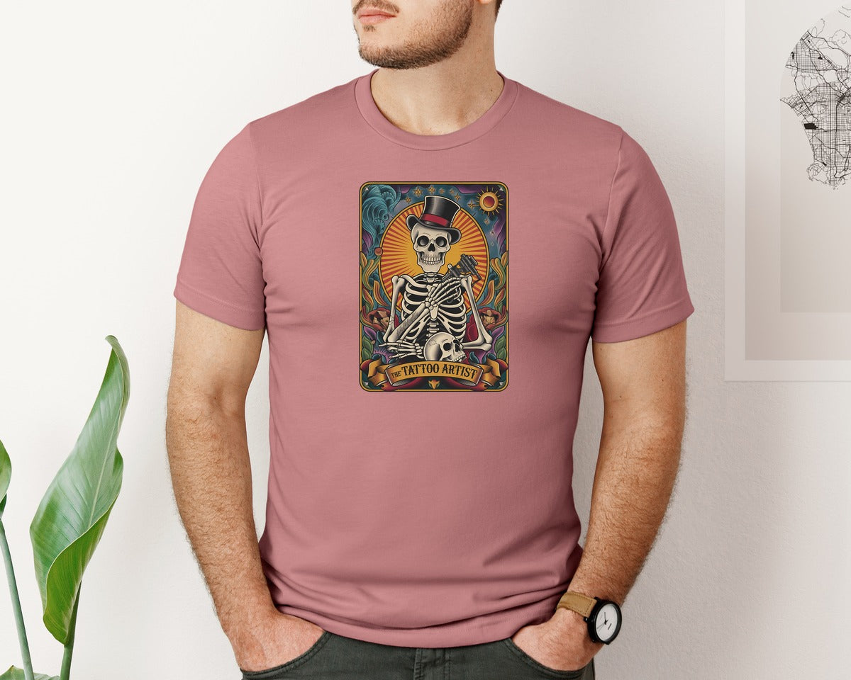 brand:Bella Canvas|color:Heather Mauve|The Tattoo Artist Vibrant Gothic Skele 3 Graphic T-Shirt