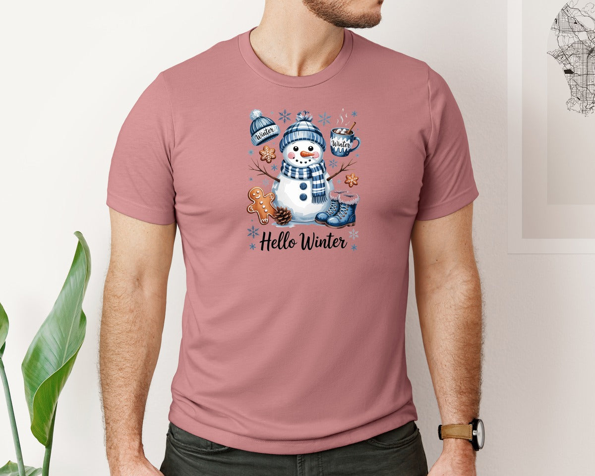 brand:Bella Canvas|color:Heather Mauve|Hello Winter Funny Cute Snowman Graphic T-Shirt