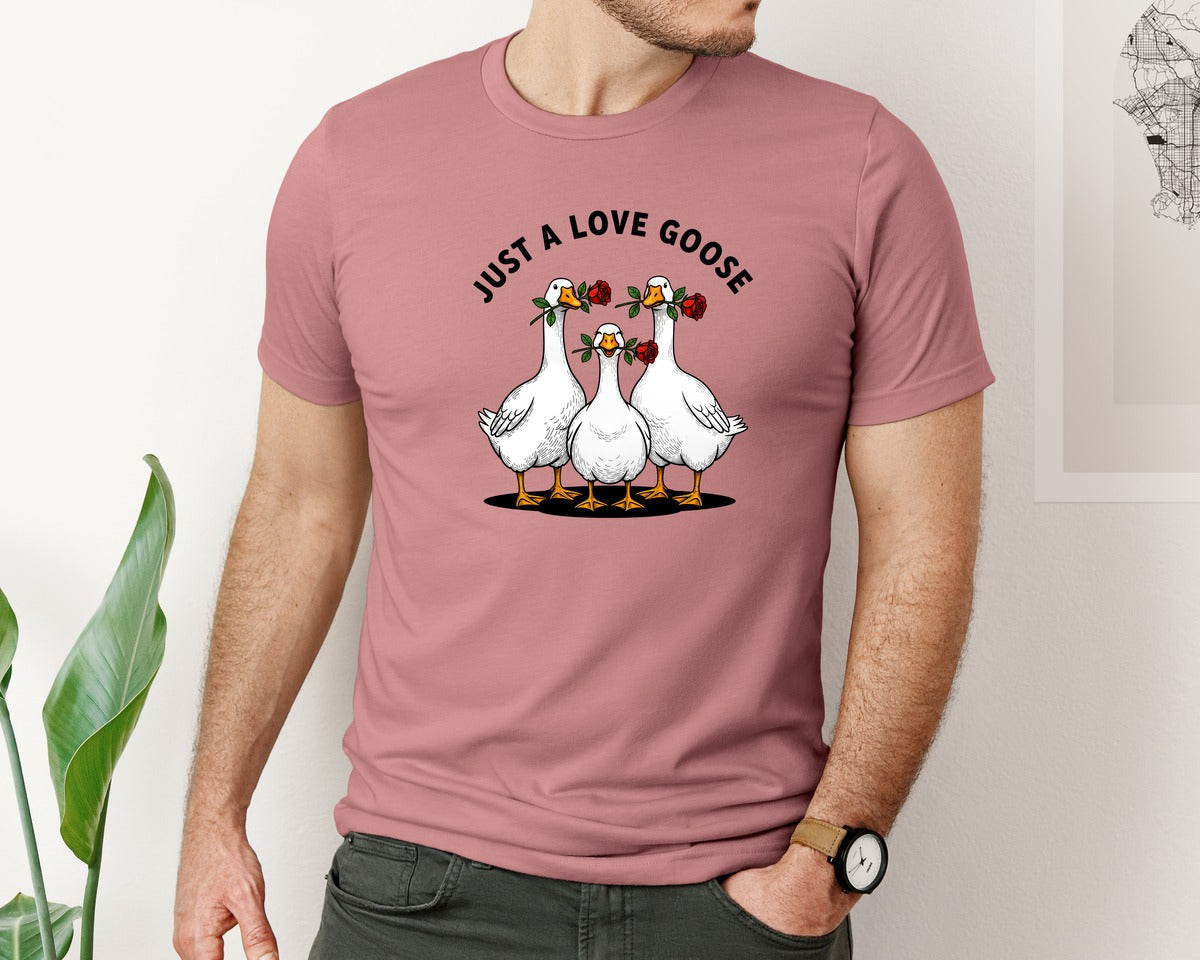 brand:Bella Canvas|color:Heather Mauve|Just A Love Goose Valentine Goose Graphic T-Shirt
