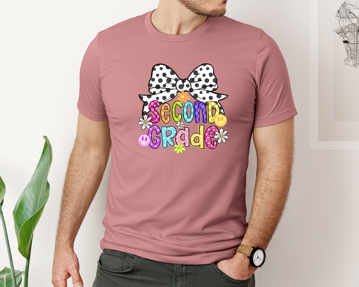 brand:Bella Canvas|color:Heather Mauve|Grade School Neon Checkered Bow Graphic T-Shirt