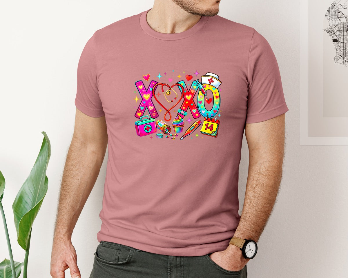 brand:Bella Canvas|color:Heather Mauve|Xoxo Nurse Love Medical Design Graphic T-Shirt