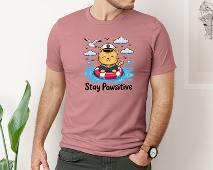 brand:Bella Canvas|color:Heather Mauve|Stay Pawsitive Cat Captain Floating Graphic T-Shirt