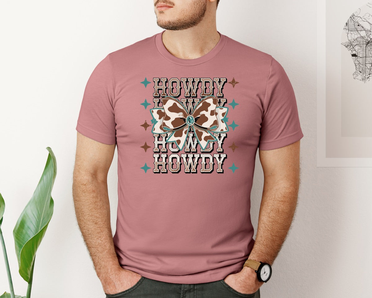 brand:Bella Canvas|color:Heather Mauve|Howdy Coquette Cow Graphic T-Shirt