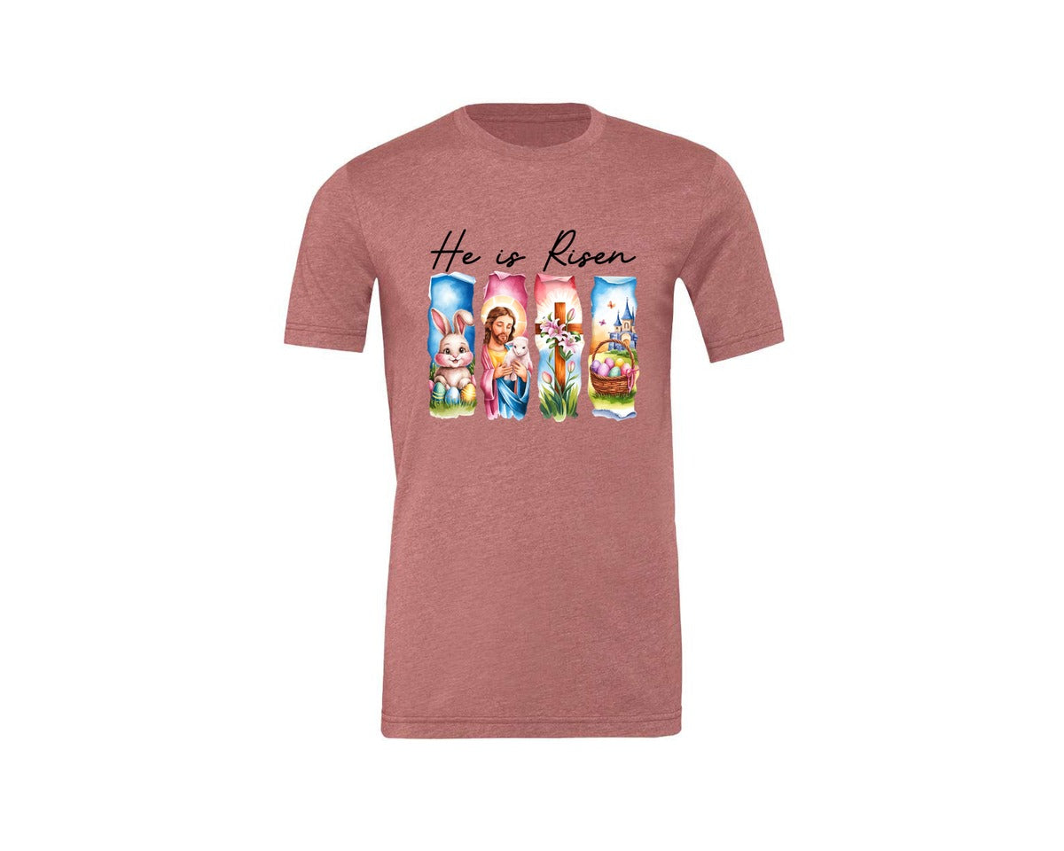 brand:Generic|color:Heather Mauve|He Is Risen Easter Jesus Christian Graphic T-Shirt