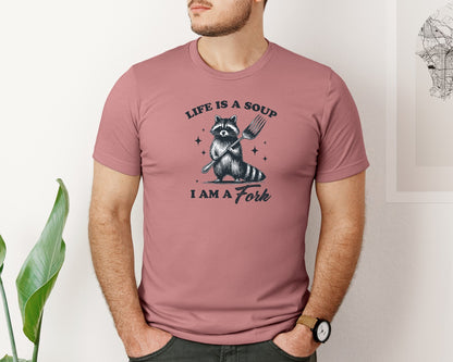 brand:Bella Canvas|color:Heather Mauve|Life Is A Soup I Am A Fork Raccoon Shirt Graphic T-Shirt