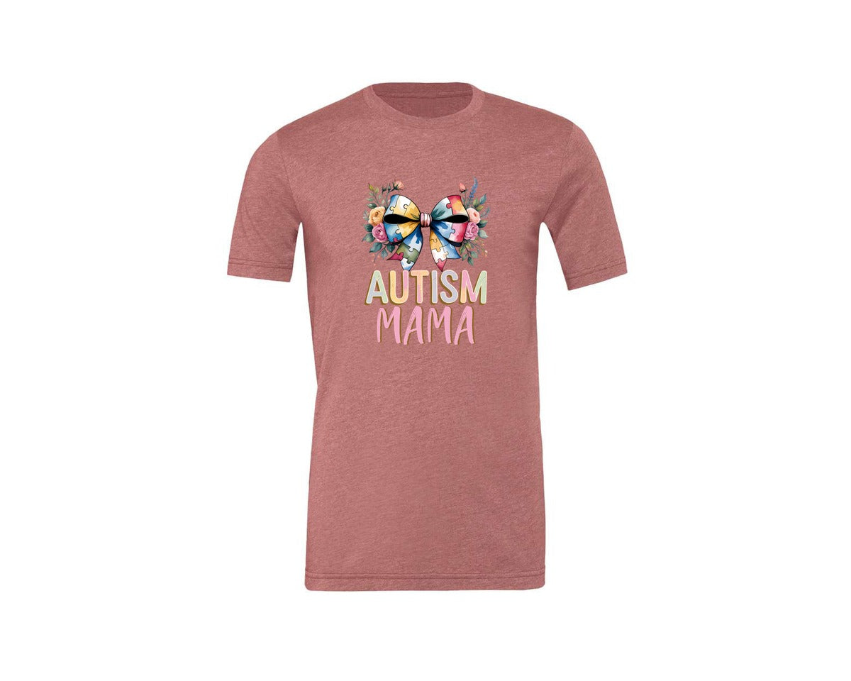 brand:Generic|color:Heather Mauve|Autism Mama Elegant Floral Puzzle Bow Graphic T-Shirt