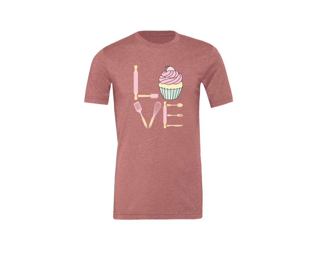 brand:Generic|color:Heather Mauve|Baking Love Cupcake Whisk Spatula Graphic T-Shirt