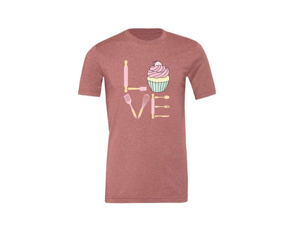 brand:Generic|color:Heather Mauve|Baking Love Cupcake Whisk Spatula Graphic T-Shirt
