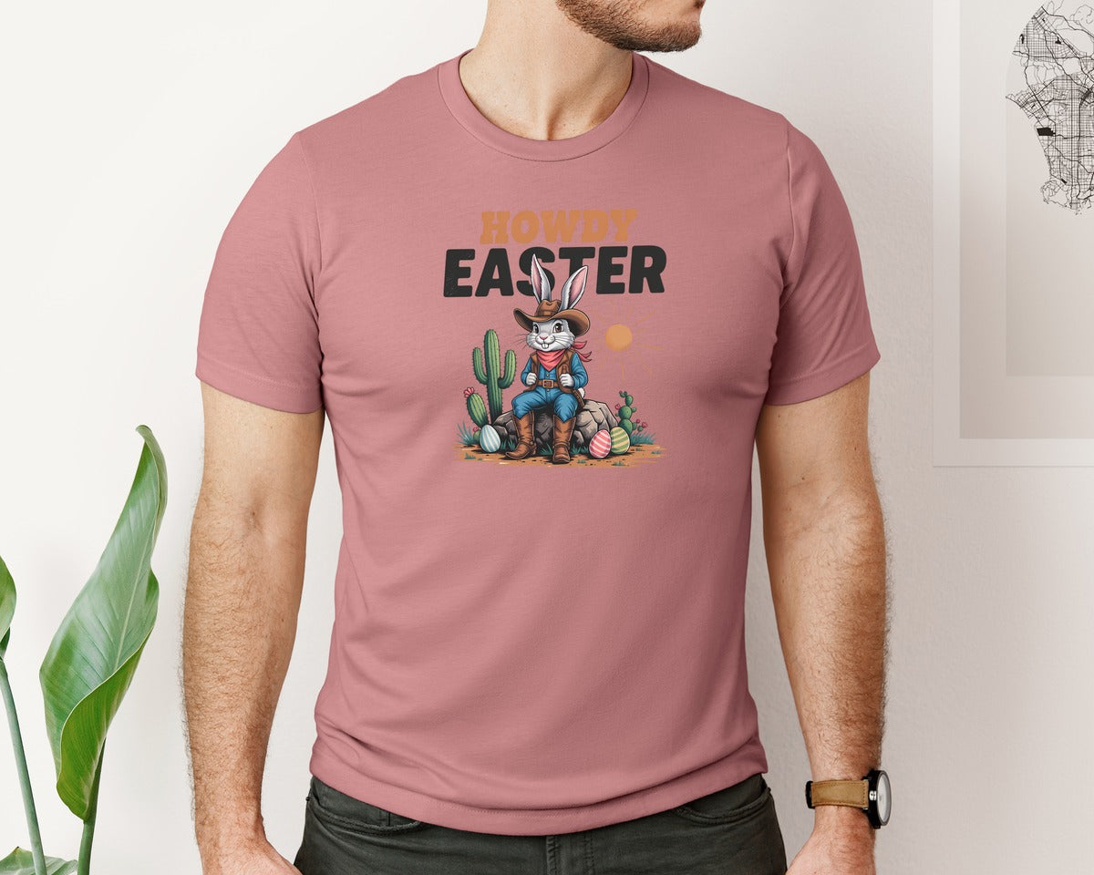 brand:Bella Canvas|color:Heather Mauve|Howdy Easter Western Cowboy Bunny 2 Graphic T-Shirt