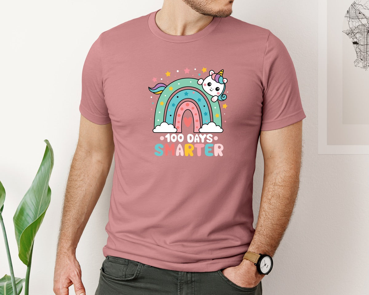 brand:Bella Canvas|color:Heather Mauve|Rainbow Cute Unicorn 100 Days Smarter Graphic T-Shirt