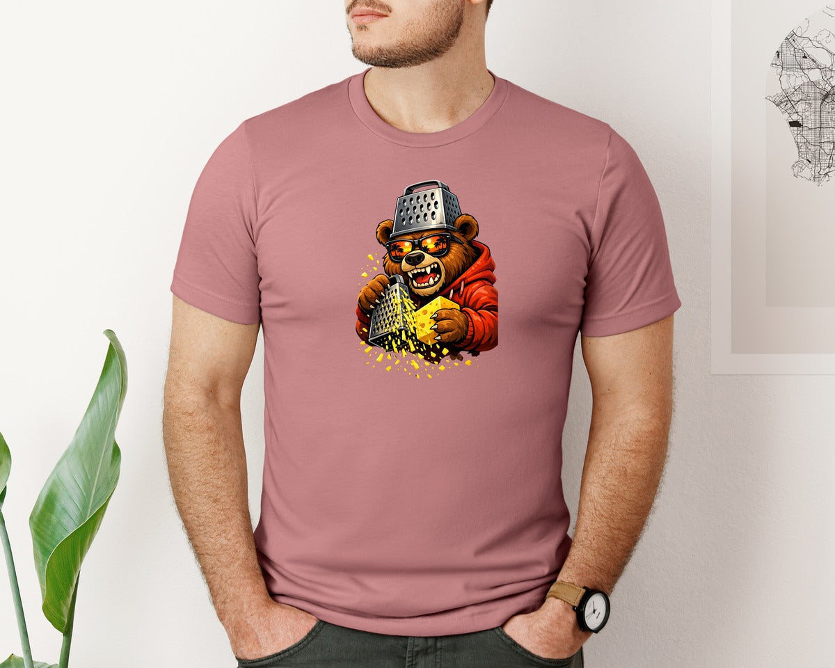 brand:Bella Canvas|color:Heather Mauve|Retro Bear With Cheese Grater Hat And Graphic T-Shirt