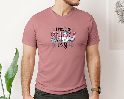 brand:Bella Canvas|color:Heather Mauve|I Need A Snow Day Snowman Winter Graphic T-Shirt