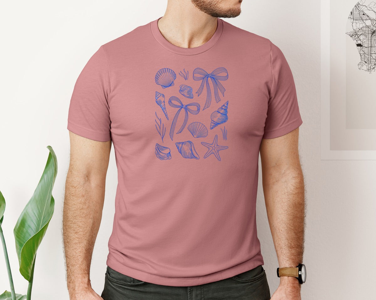 brand:Bella Canvas|color:Heather Mauve|Vintage Blue Shells Bows Nautical Graphic T-Shirt