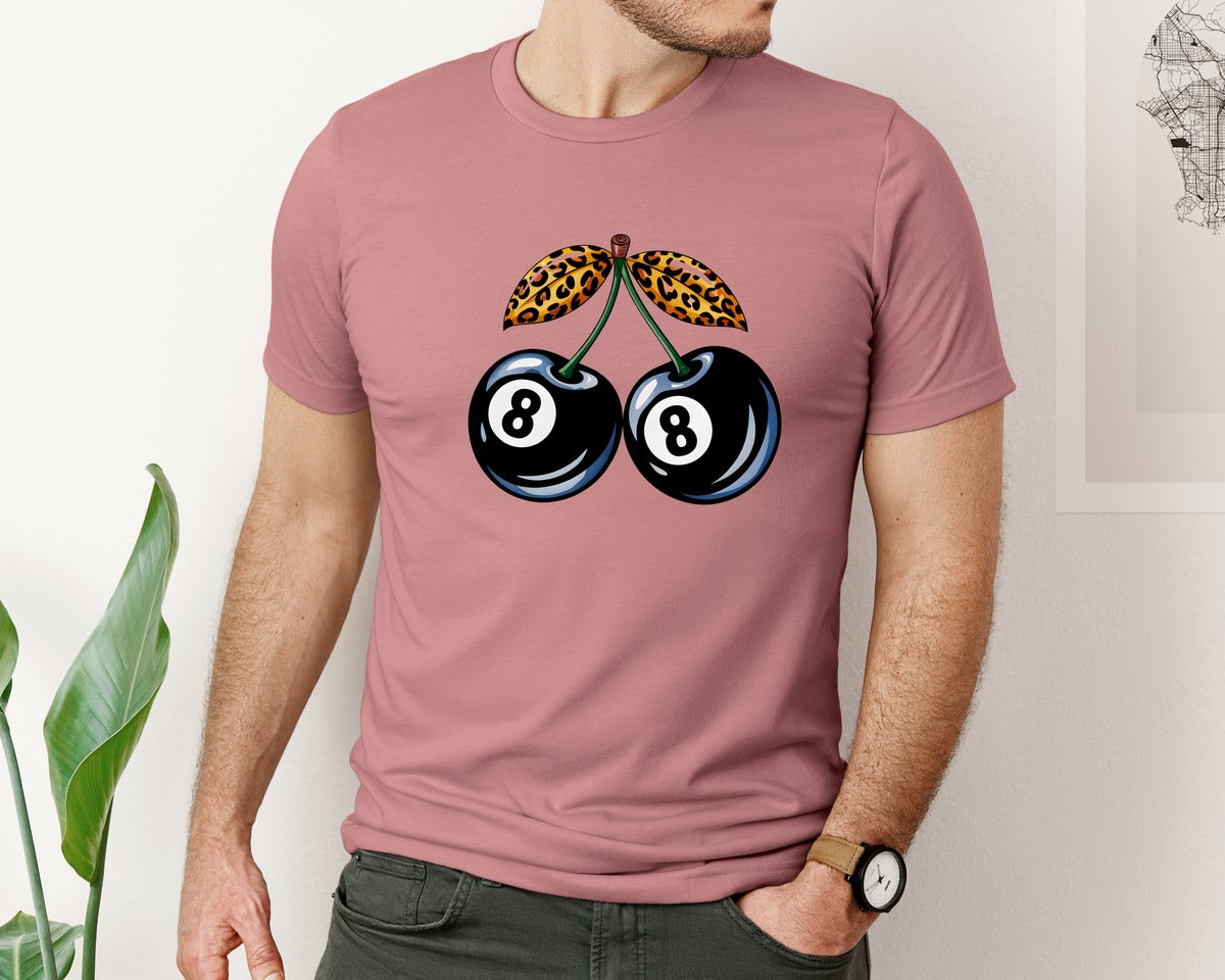 brand:Bella Canvas|color:Heather Mauve|Poll 8 Ball Cherry Checkered Cherry Graphic T-Shirt