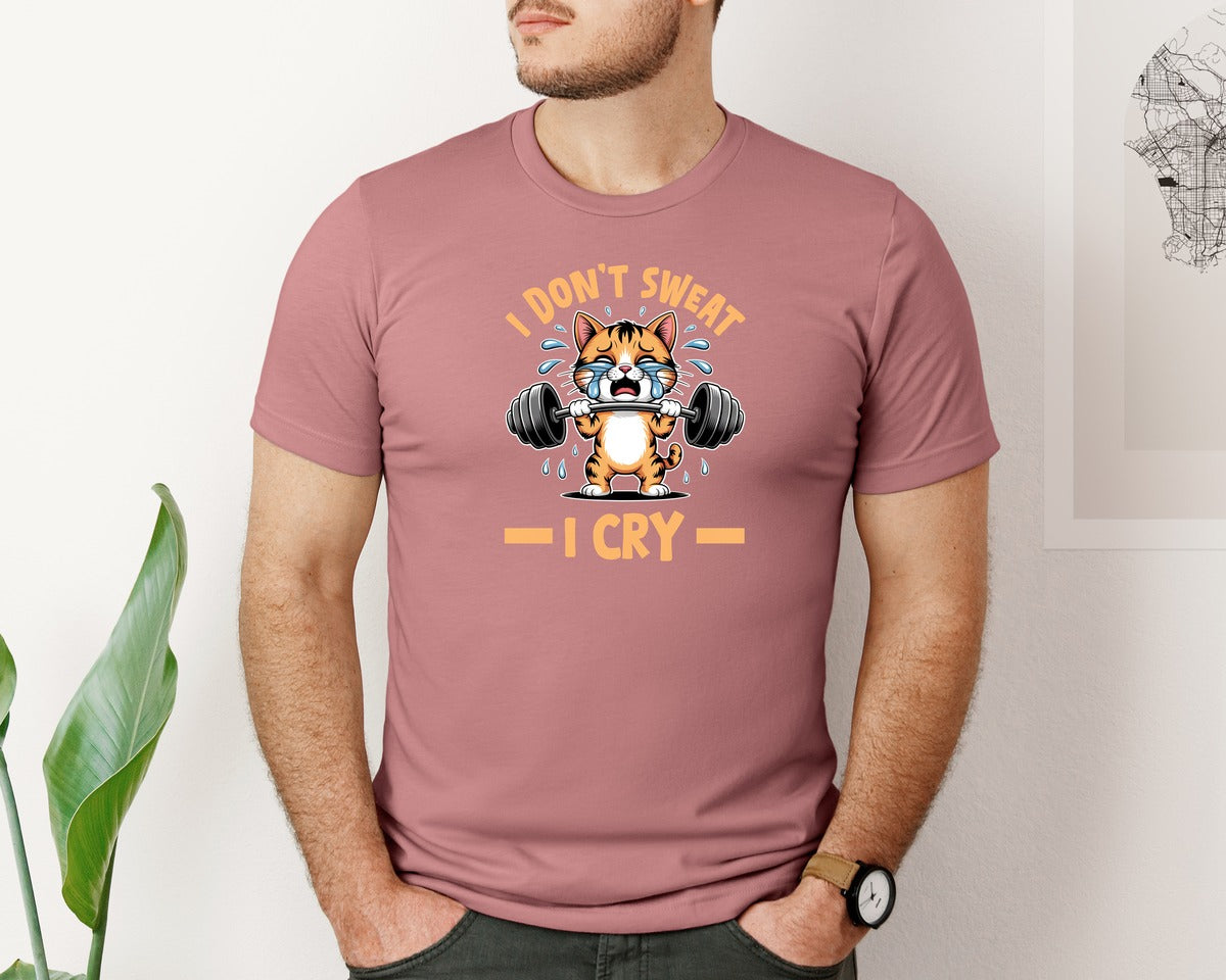 brand:Bella Canvas|color:Heather Mauve|I Dont Sweat I Cry Cat Gym Graphic T-Shirt