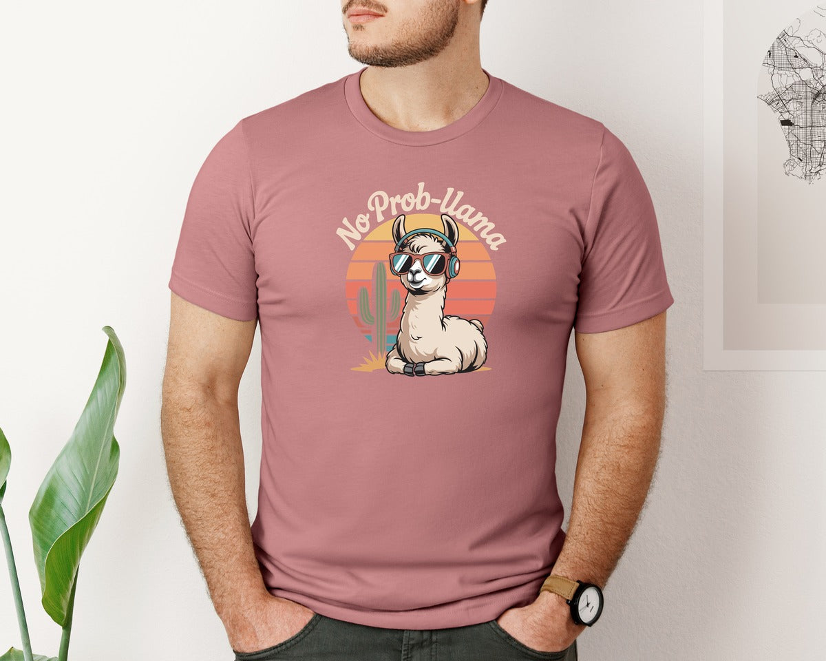 brand:Bella Canvas|color:Heather Mauve|No Prob Llama Funny Animal Pun Shirt Graphic T-Shirt