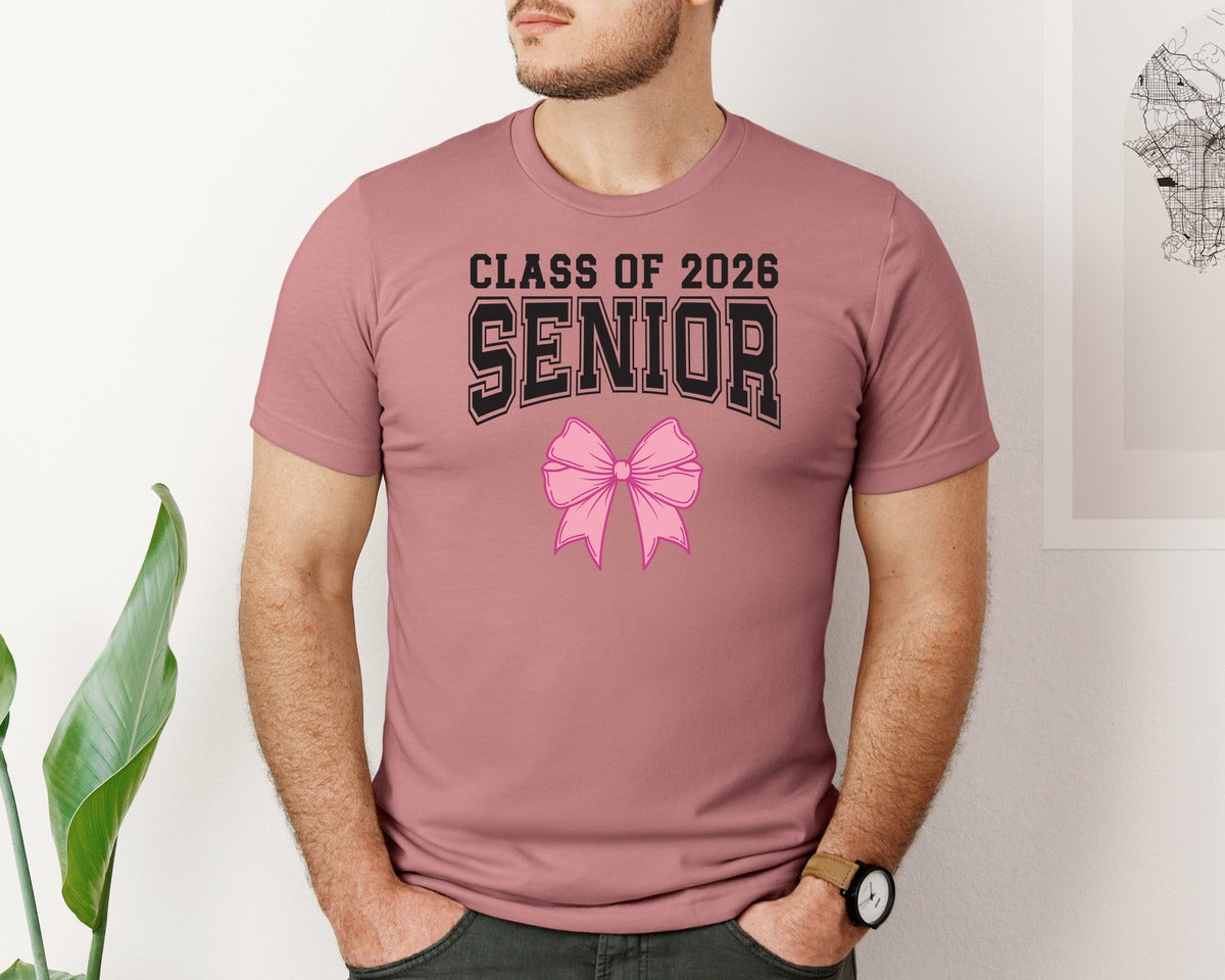 brand:Bella Canvas|color:Heather Mauve|Coquette Senior Class Of 2026 Pink Bow Graphic T-Shirt