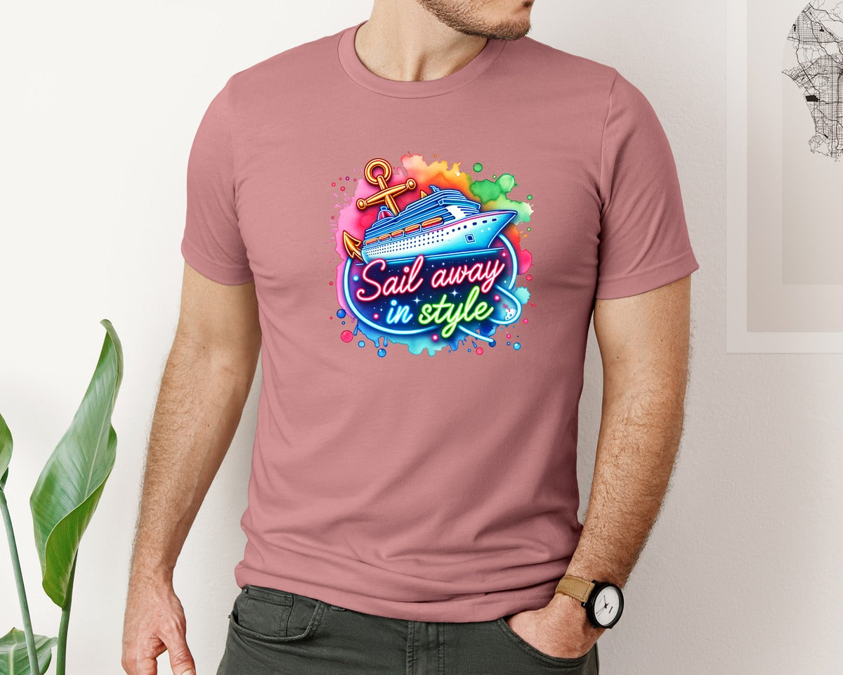 brand:Bella Canvas|color:Heather Mauve|Neon Cruise Ship Sail Away In Style Graphic T-Shirt