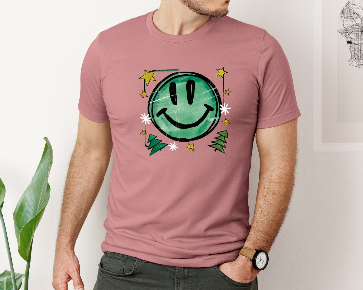 brand:Bella Canvas|color:Heather Mauve|Floral Christmas Smiley Face Graphic T-Shirt