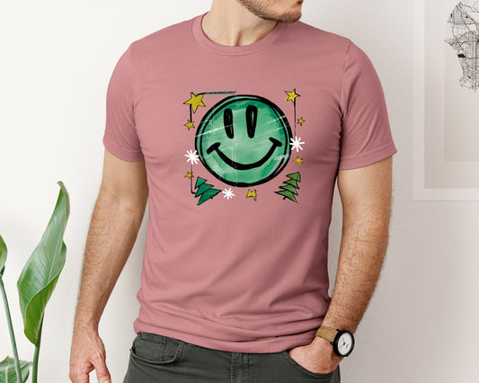 Floral Christmas Smiley Face Graphic T-Shirt
