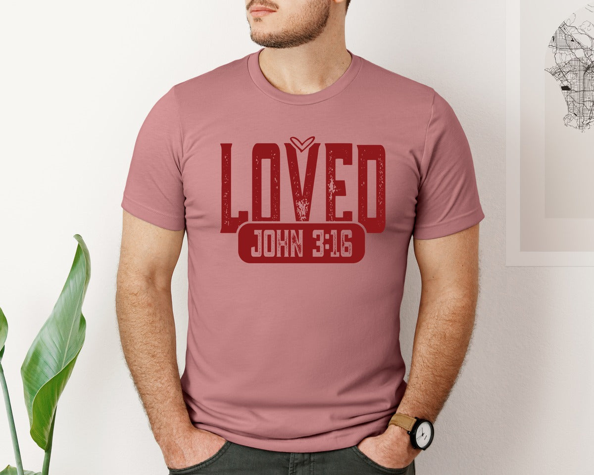 brand:Bella Canvas|color:Heather Mauve|Christian Valentine Loved John 316 9 Graphic T-Shirt