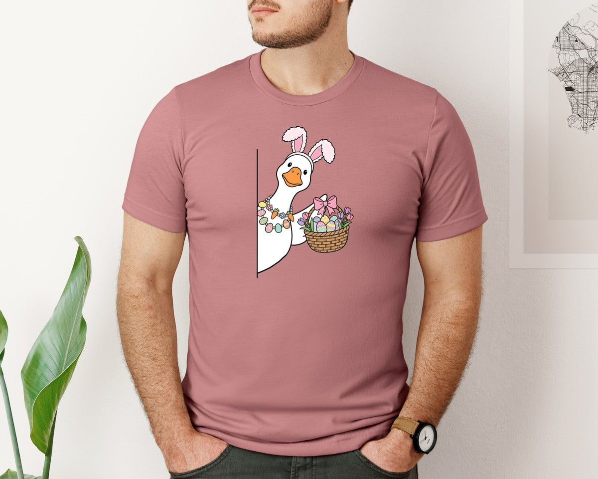 brand:Bella Canvas|color:Heather Mauve|Cute Easter Goose With Basket Graphic T-Shirt