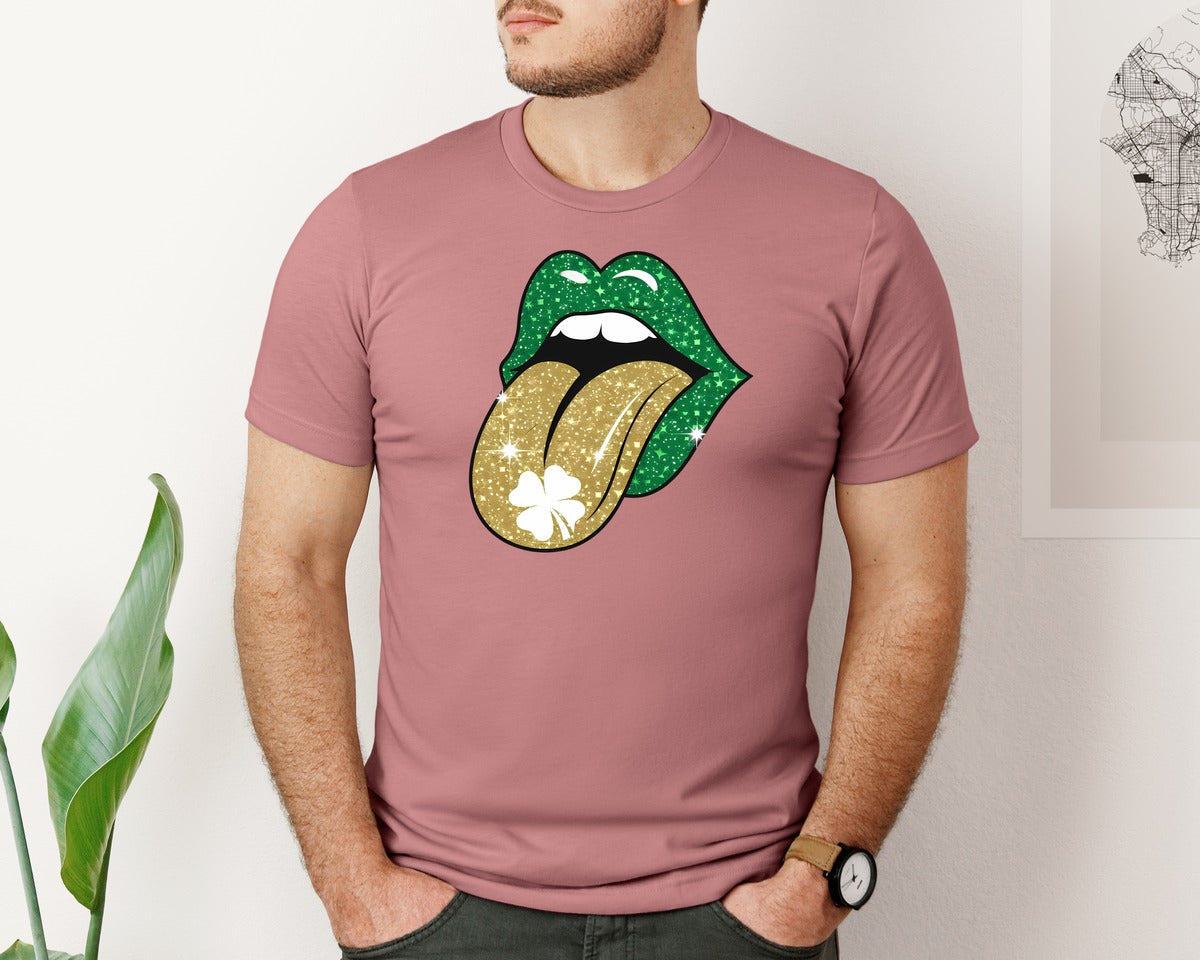brand:Bella Canvas|color:Heather Mauve|Green Lips St Patricks Day Graphic T-Shirt