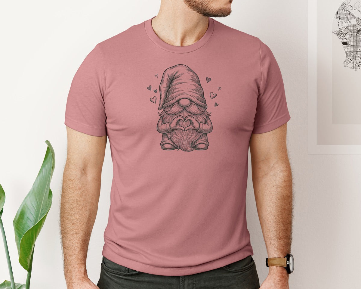 brand:Bella Canvas|color:Heather Mauve|Love Gnome Heart Hands Line Art Graphic T-Shirt