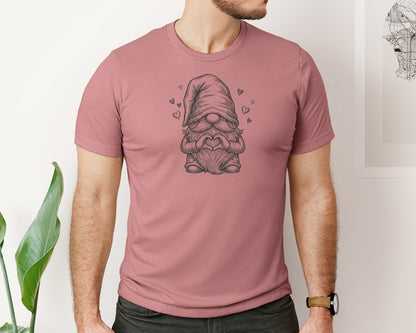 brand:Bella Canvas|color:Heather Mauve|Love Gnome Heart Hands Line Art Graphic T-Shirt