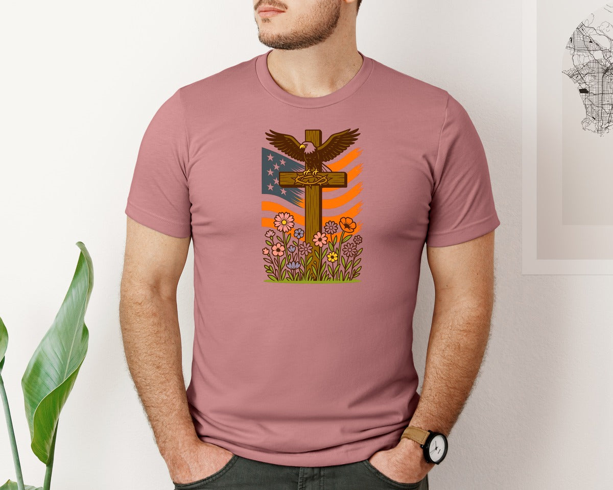 brand:Bella Canvas|color:Heather Mauve|Patriotic Faith Eagle Cross Graphic T-Shirt