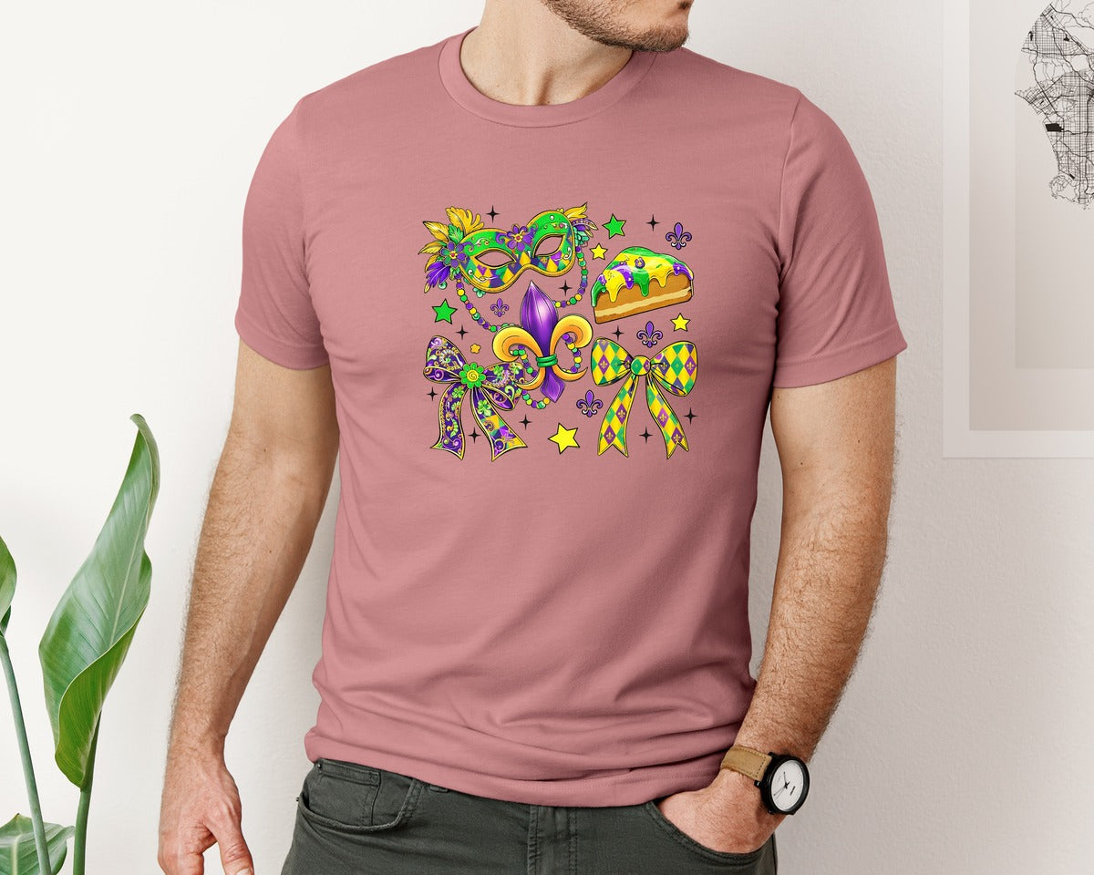brand:Bella Canvas|color:Heather Mauve|Mardi Gras Coquette Bow Graphic T-Shirt