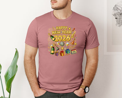 brand:Bella Canvas|color:Heather Mauve|Gold Sparkle Happy New Year 2026 Graphic T-Shirt