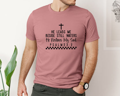 brand:Bella Canvas|color:Heather Mauve|He Leads Me Beside Still Waters Graphic T-Shirt