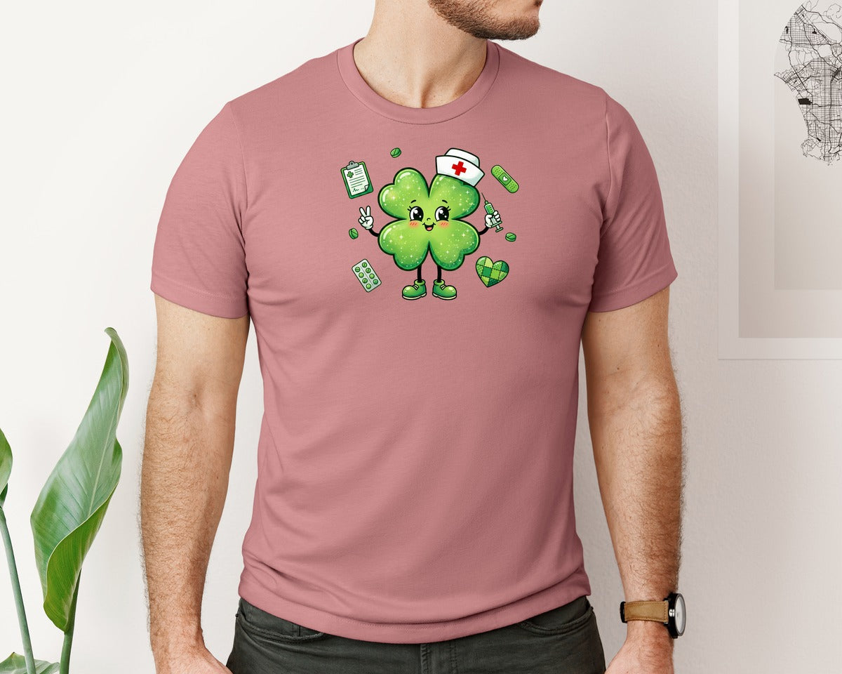 brand:Bella Canvas|color:Heather Mauve|Cute Nurse Shamrock St Patricks Graphic T-Shirt