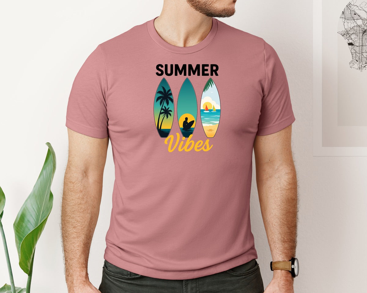 brand:Bella Canvas|color:Heather Mauve|Summer Vibes Surfboard T Shirt Design Graphic T-Shirt