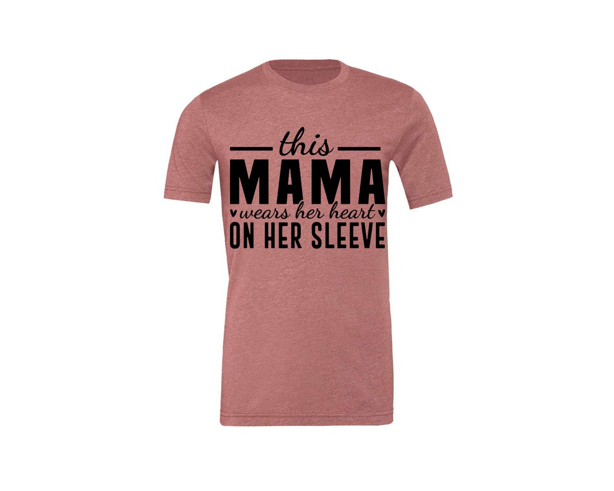 brand:Generic|color:Heather Mauve|This Mama Wears Her Heart On Her Sleeve 77 Graphic T-Shirt