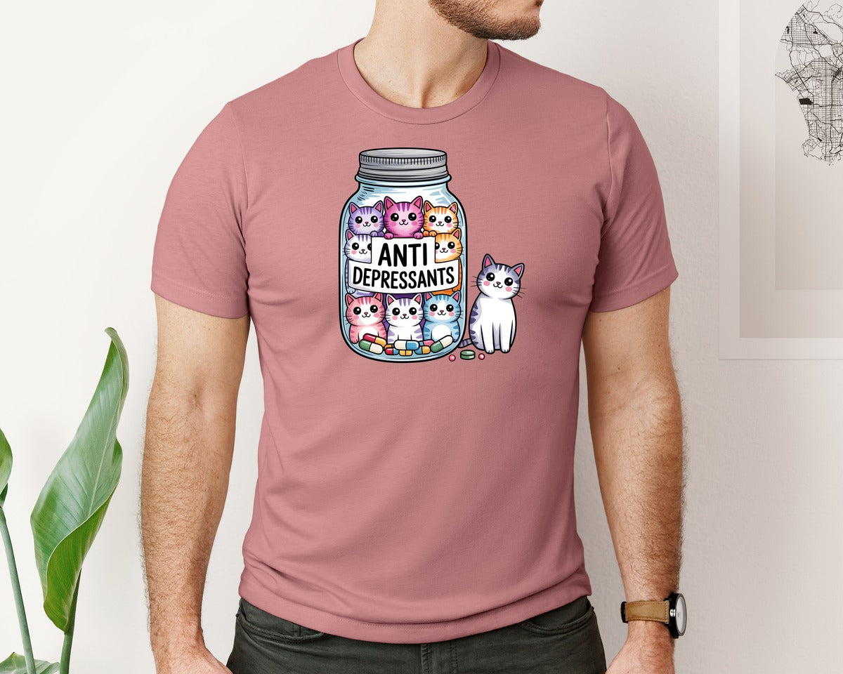 brand:Bella Canvas|color:Heather Mauve|Antidepressants Cats In Pill Jar Graphic T-Shirt
