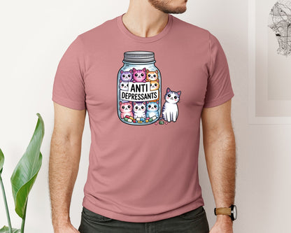 brand:Bella Canvas|color:Heather Mauve|Antidepressants Cats In Pill Jar Graphic T-Shirt