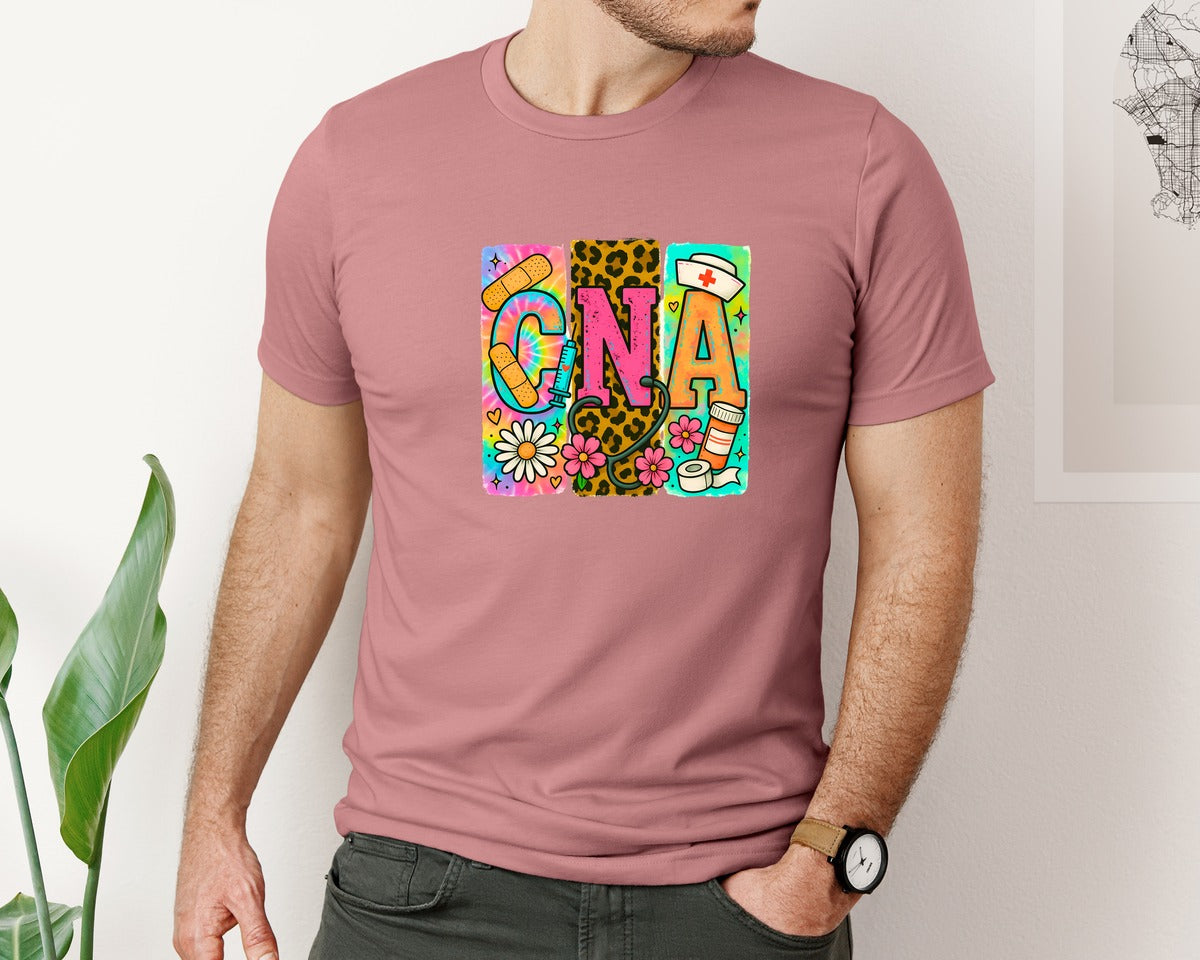 brand:Bella Canvas|color:Heather Mauve|Cna Tie Dye Leopard Print Nurse Graphic T-Shirt