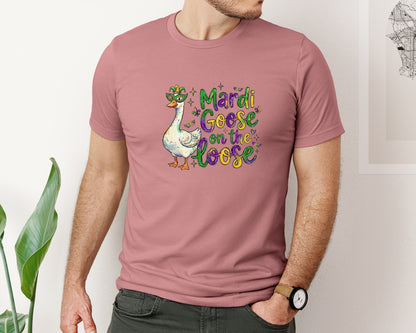 brand:Bella Canvas|color:Heather Mauve|Funny Mardi Gras Goose Graphic T-Shirt