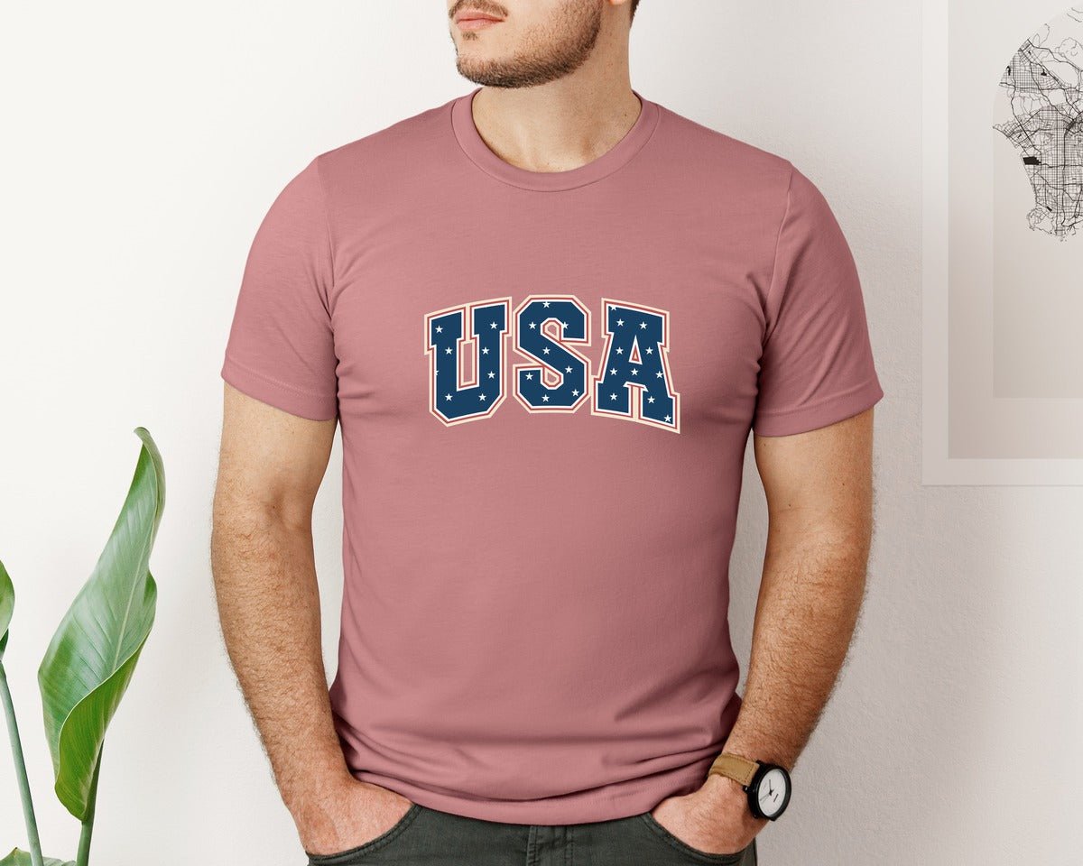 brand:Bella Canvas|color:Heather Mauve|Varsity Usa Retro Graphic T-Shirt