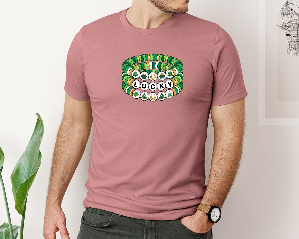 brand:Bella Canvas|color:Heather Mauve|Lucky St Patricks Day Bracelet Graphic T-Shirt