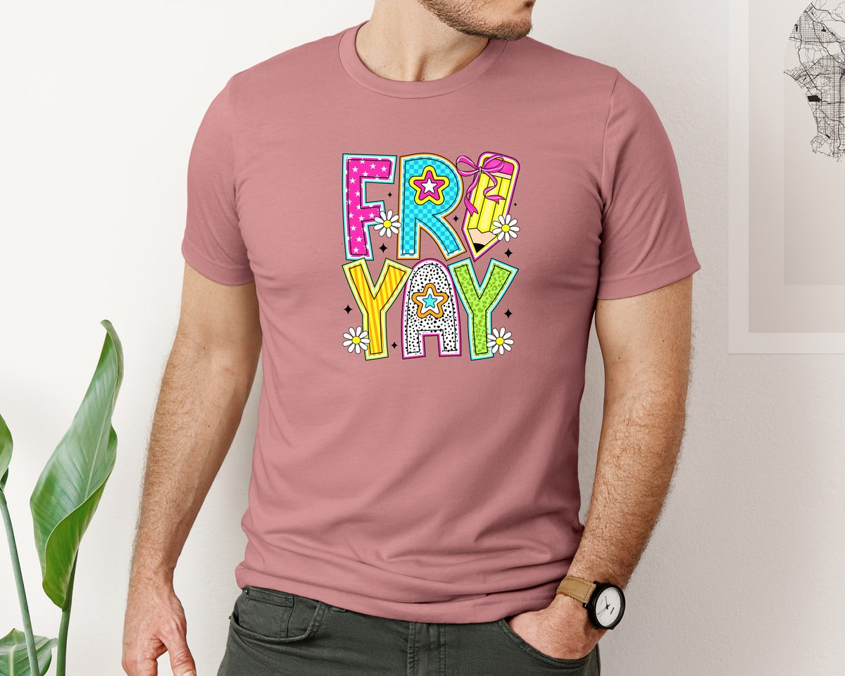 brand:Bella Canvas|color:Heather Mauve|Happy Fri Yay Funny Friday Weekend Graphic T-Shirt
