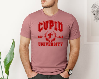 brand:Bella Canvas|color:Heather Mauve|Cupid University Valentines Day Graphic T-Shirt