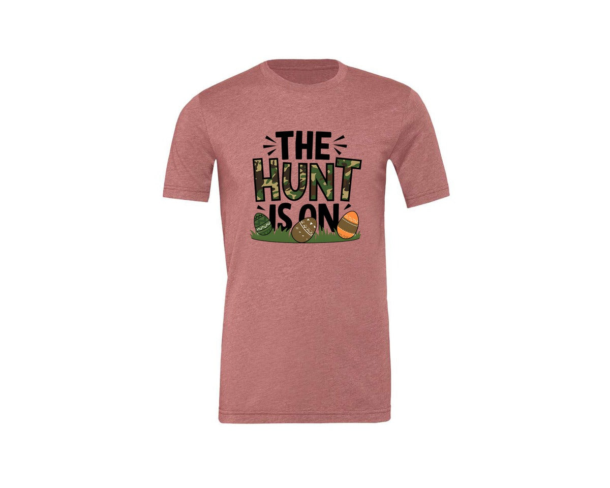 brand:Generic|color:Heather Mauve|The Hunt Is On Camo Easter Egg Camo Graphic T-Shirt