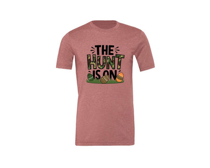 brand:Generic|color:Heather Mauve|The Hunt Is On Camo Easter Egg Camo Graphic T-Shirt