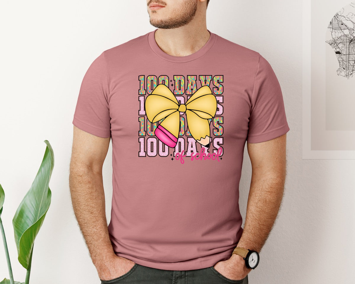 brand:Bella Canvas|color:Heather Mauve|Happy 100 Days Of School Coquette B Graphic T-Shirt