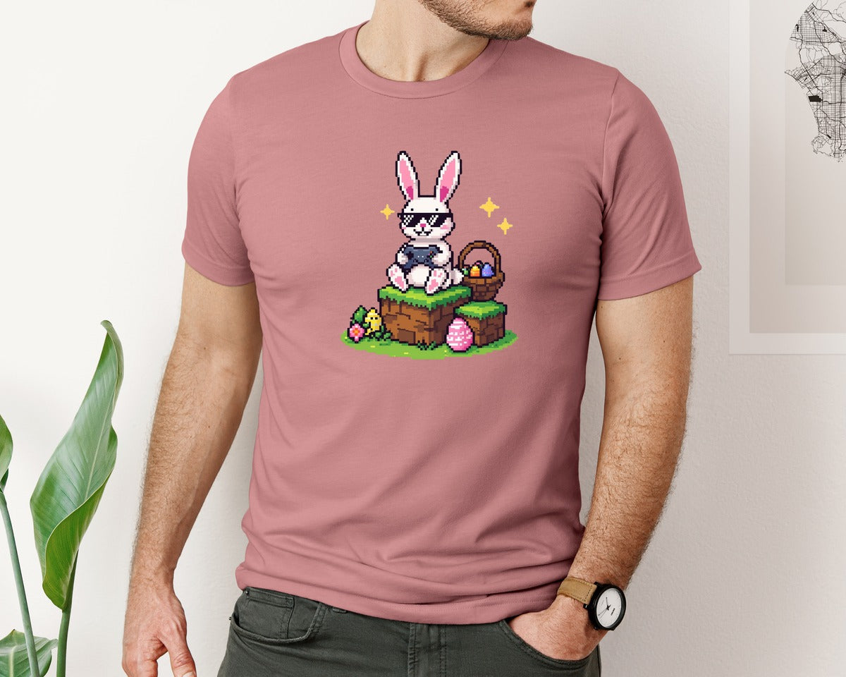 brand:Bella Canvas|color:Heather Mauve|Pixel Gamer Bunny Easter Graphic T-Shirt