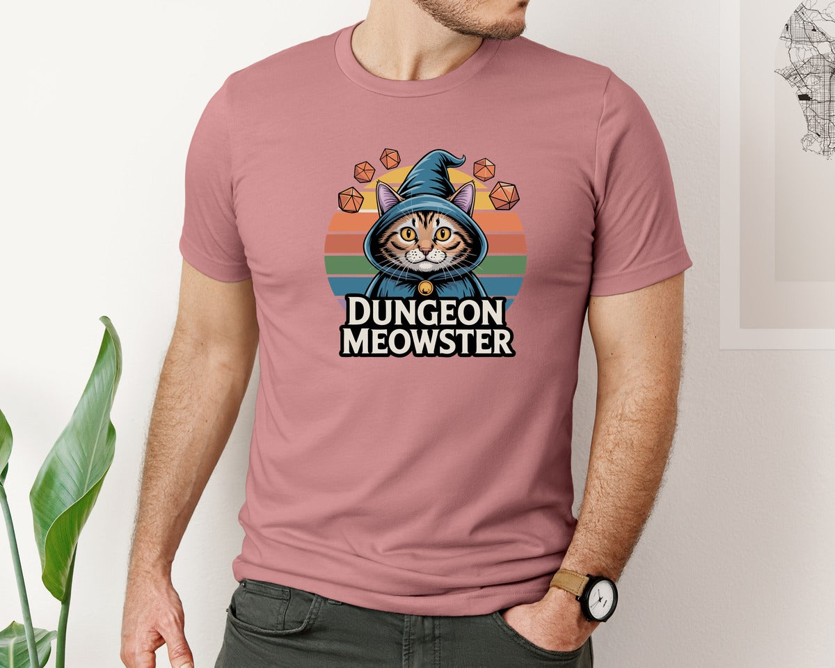 brand:Bella Canvas|color:Heather Mauve|Dungeon Meowster Cat Dungeons And Dragon Graphic T-Shirt