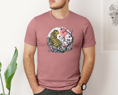 brand:Bella Canvas|color:Heather Mauve|Retro Japanese Tiger Sakura Shirt Graphic T-Shirt